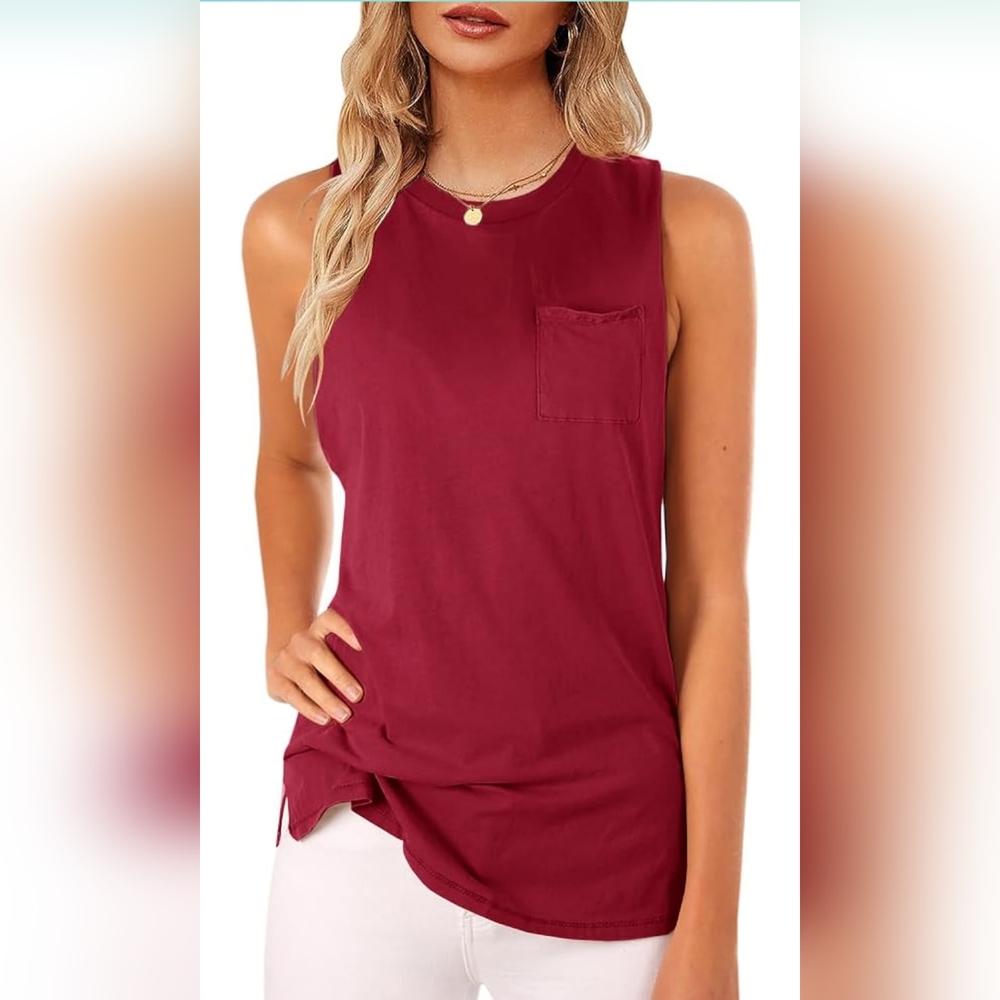 Women's High Neck Pocket Tank Top Sleeveless Blouse Plain Tunic Shirt Burgundy